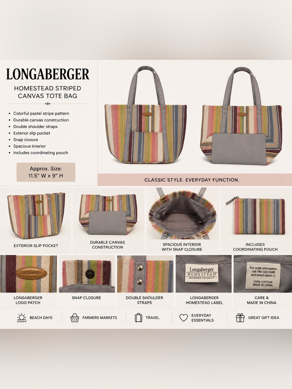 Longaberger Homestead Striped Canvas Tote Bag Pastel Multicolor Market Beach